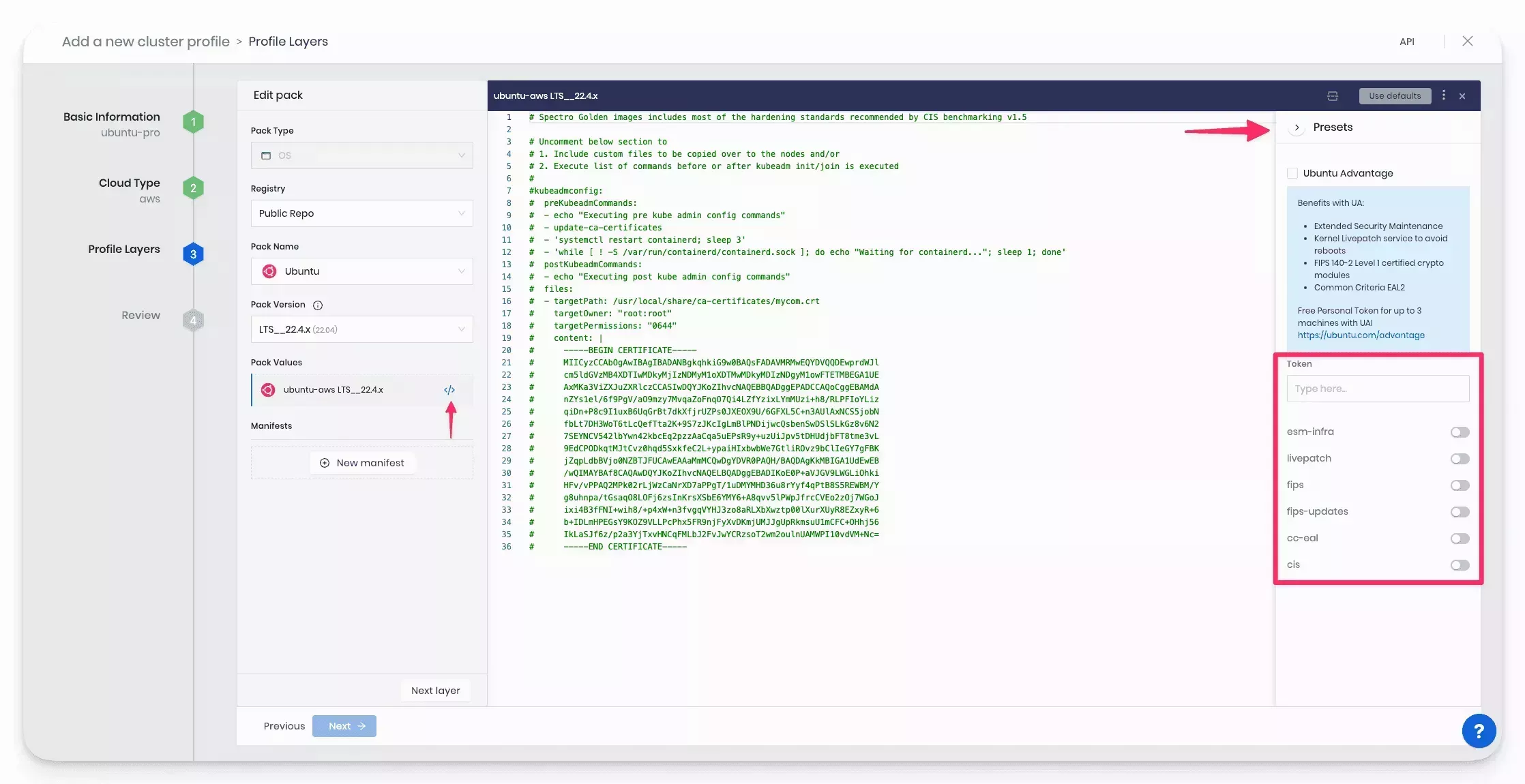 A view of the cluster profile creation wizard for Ubuntu Pro